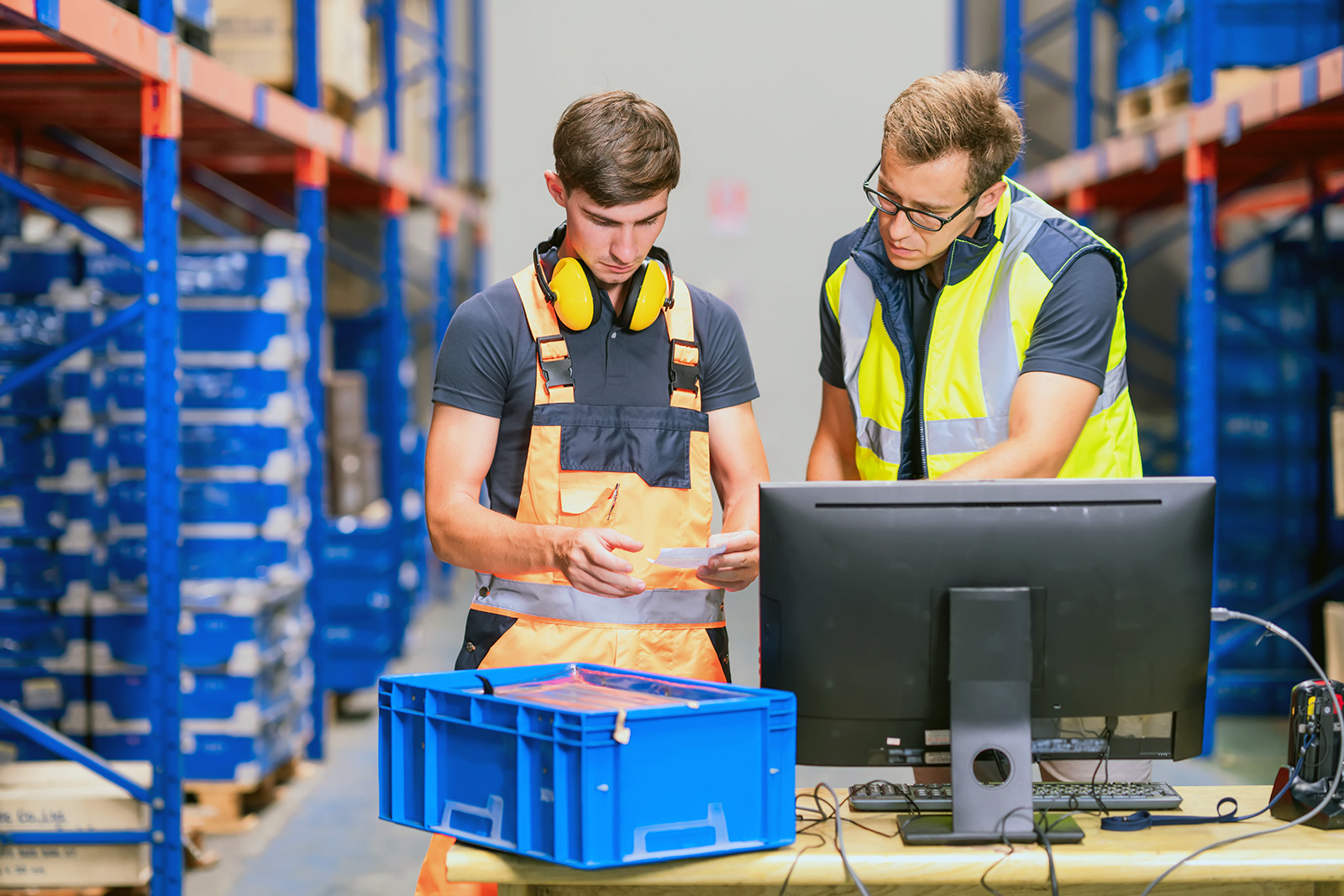 A trainee in warehouse logistics checks stock levels in the warehouse while an experienced employee instructs and supports him.