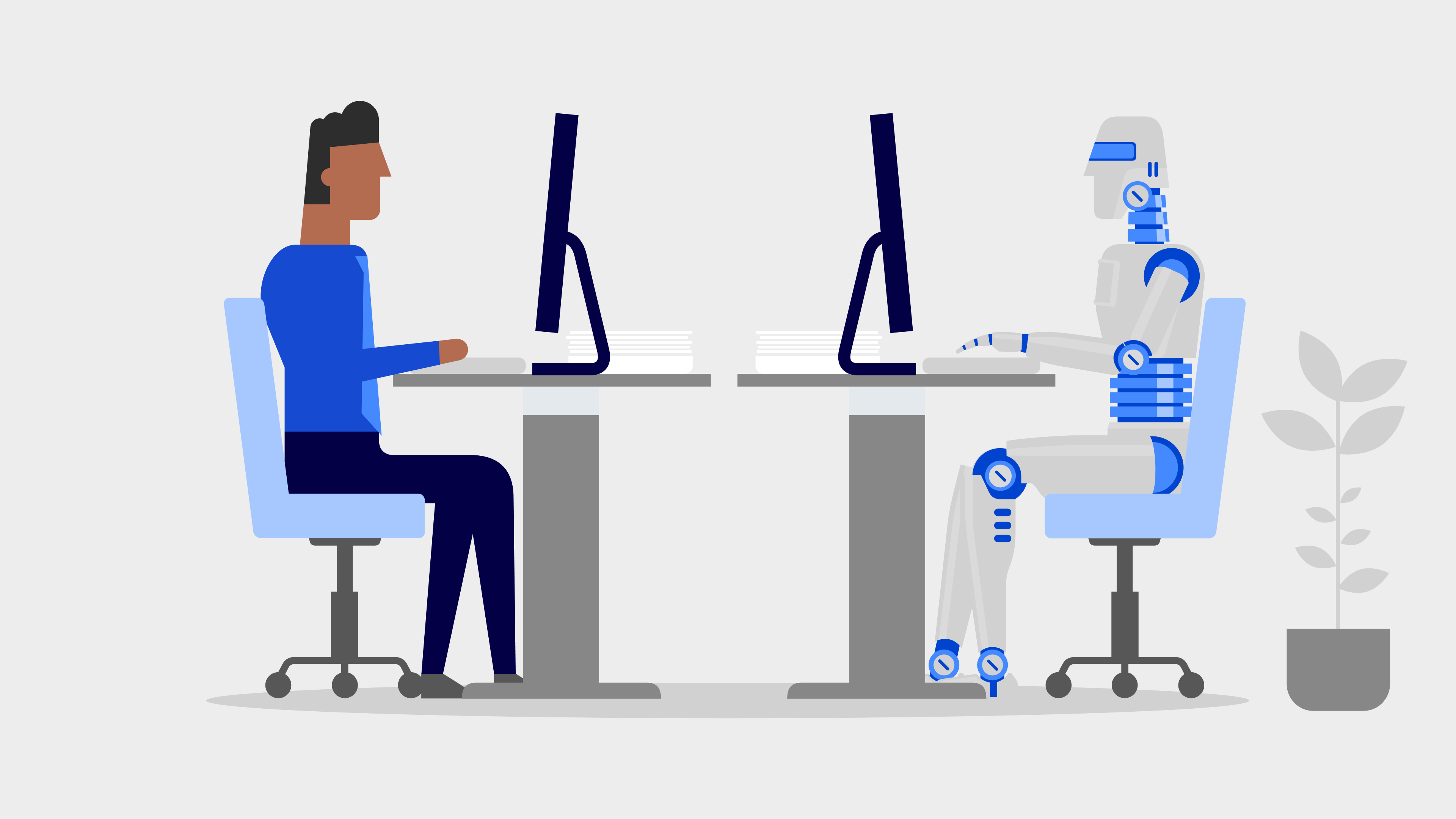 Zusammenarbeit Mensch und KI Grafische Abbildung einer Person, die an einem Schreibtisch sitzt und an einem Computer arbeitet. Am gegenüberliegenden Schreibtisch sitzt ein Roboter arbeitend am Computer. Die Grafik soll die Zusammenarbeit von Mensch und Künstlicher Intelligenz (KI) visualisieren