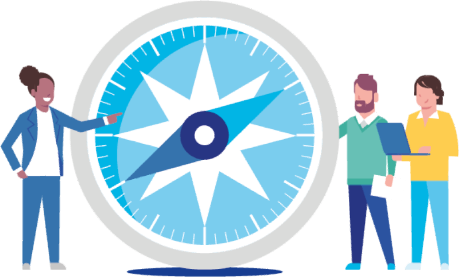 People standing around a compass for orientation.