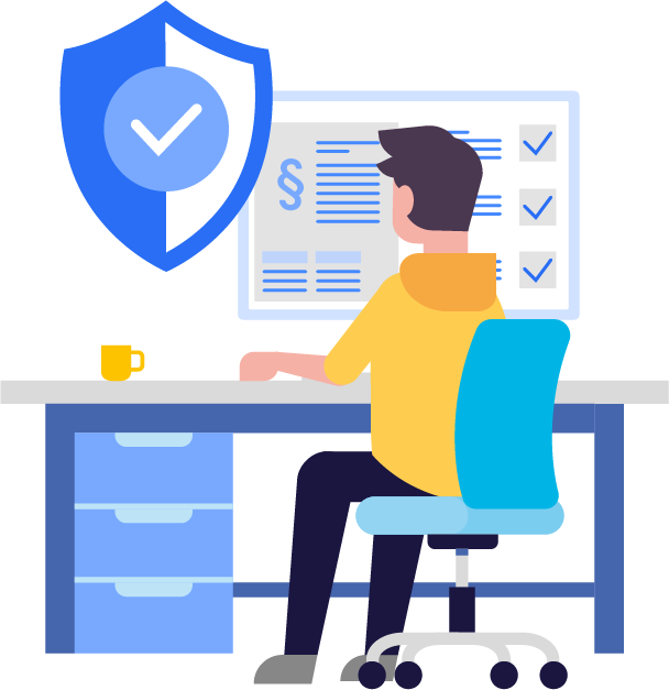 Illustration of a person at acomputer with a privacy shield for data protection.