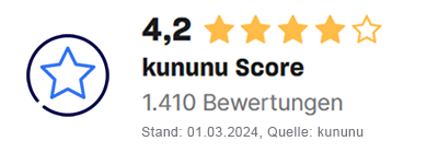 Grafische Darstellung des kununu Scores von 4,2 Punkten bei 1.410 Bewertungen mit Stand vom 01.03.2024