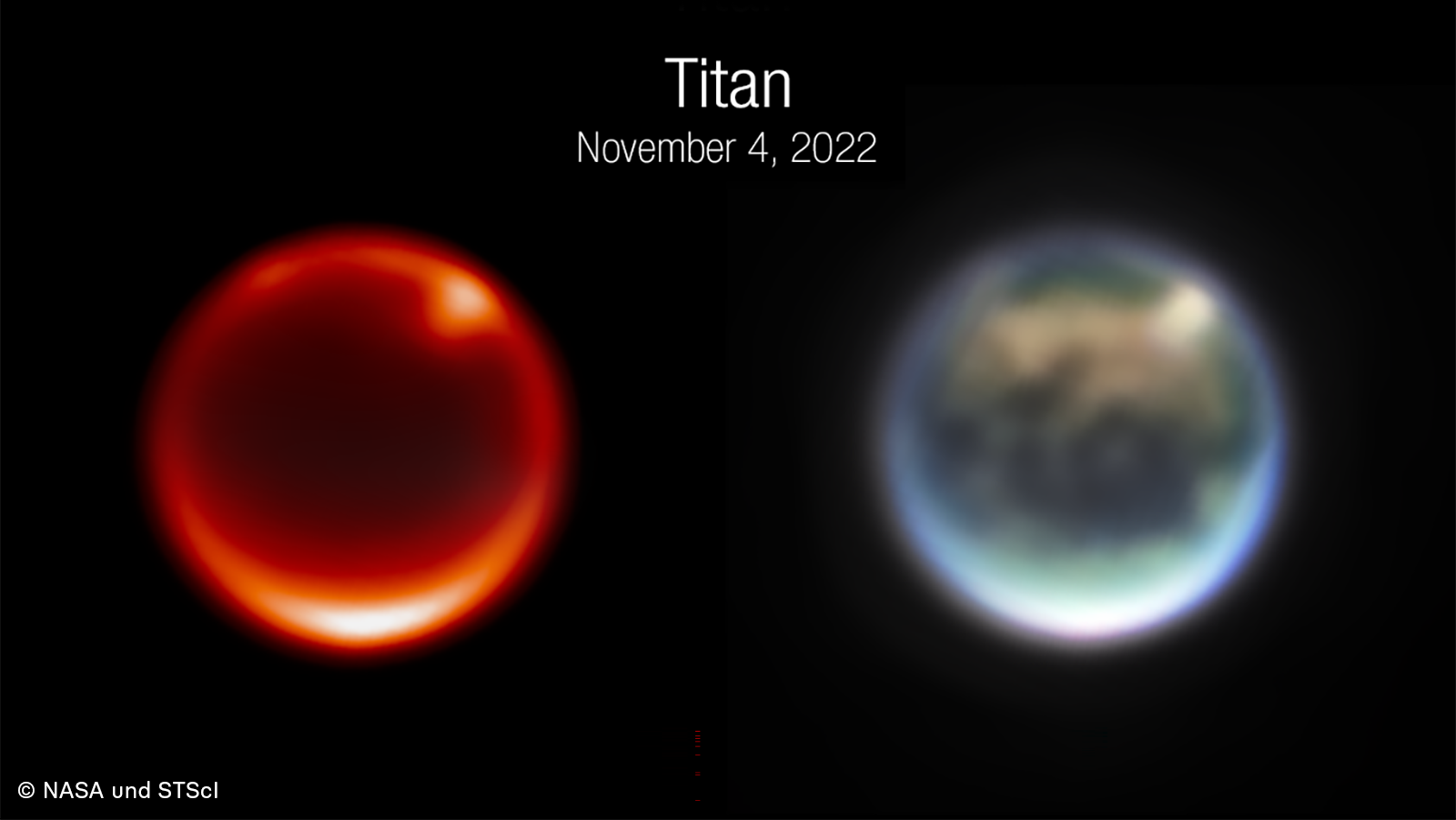 Ansicht des Monds Titan von November 2022: Atmosphäre, unter der die Oberfläche zu sehen ist.