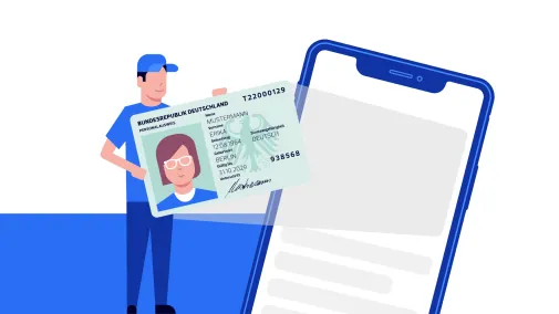 Das Bild zeigt eine Person in blauer Arbeitskleidung, die einen deutschen Ausweis vor einem großen  Smartphone hält.