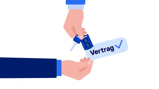 Das Bild zeigt die Übergabe Von Autoschlüssel und Vertrag.