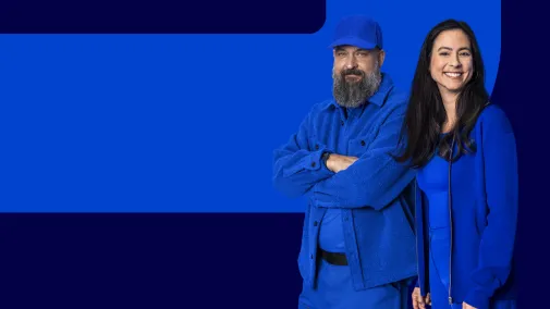 View of two employees against a blue background.
