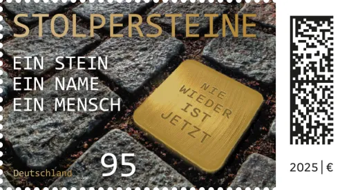 Das Bild zeigt die Stolperstein Briefmarke