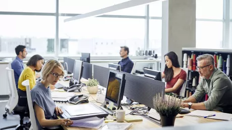 employees work on computers in office