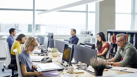 employees work on computers in office