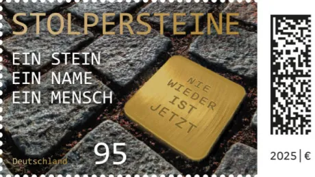 Das Bild zeigt die Stolperstein Briefmarke