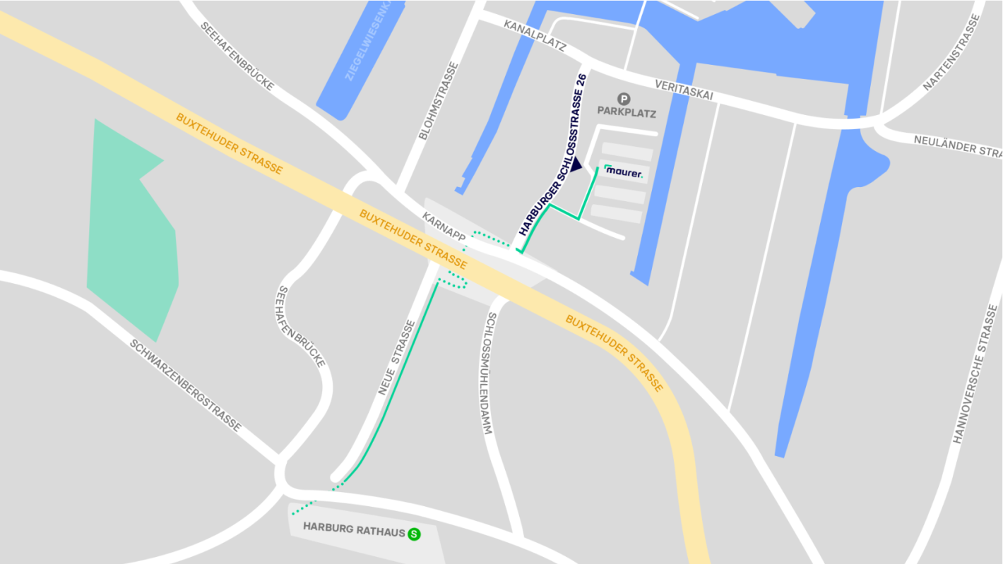 Die Grafik zeigt eine detaillierte Straßenkarte mit Anfahrt zum Maurer Standort Hamburg