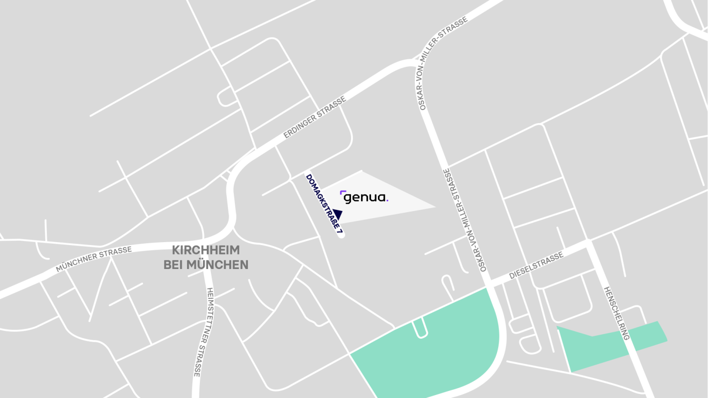 Die Grafik zeigt eine detaillierte Straßenkarte mit Anfahrt zur genua GmbH
