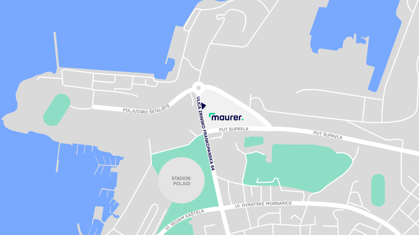 Die Grafik zeigt eine detaillierte Straßenkarte mit Anfahrt zum Maurer Standort Split