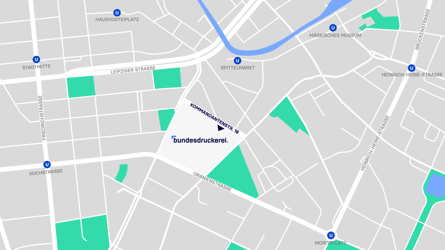 Die Grafik zeigt eine detaillierte Straßenkarte mit Anfahrt zur Bundesdruckerei GmbH 