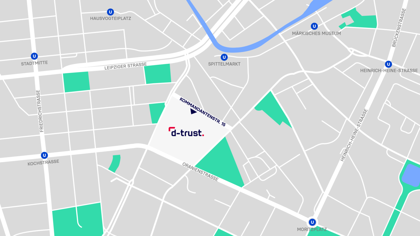 Die Grafik zeigt eine detaillierte Straßenkarte mit Anfahrt zur D-Trust GmbH 