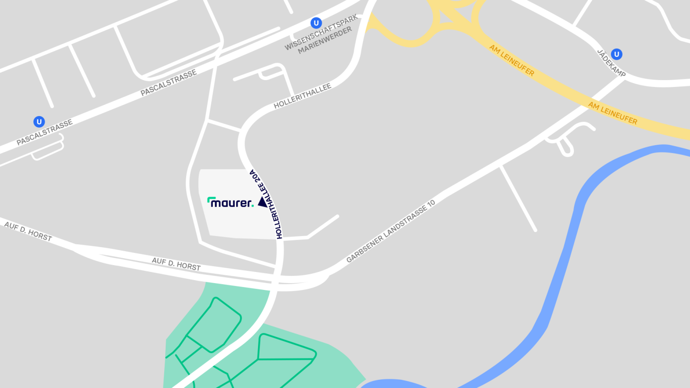 Die Grafik zeigt eine detaillierte Straßenkarte mit Anfahrt zum Maurer Standort Hannover