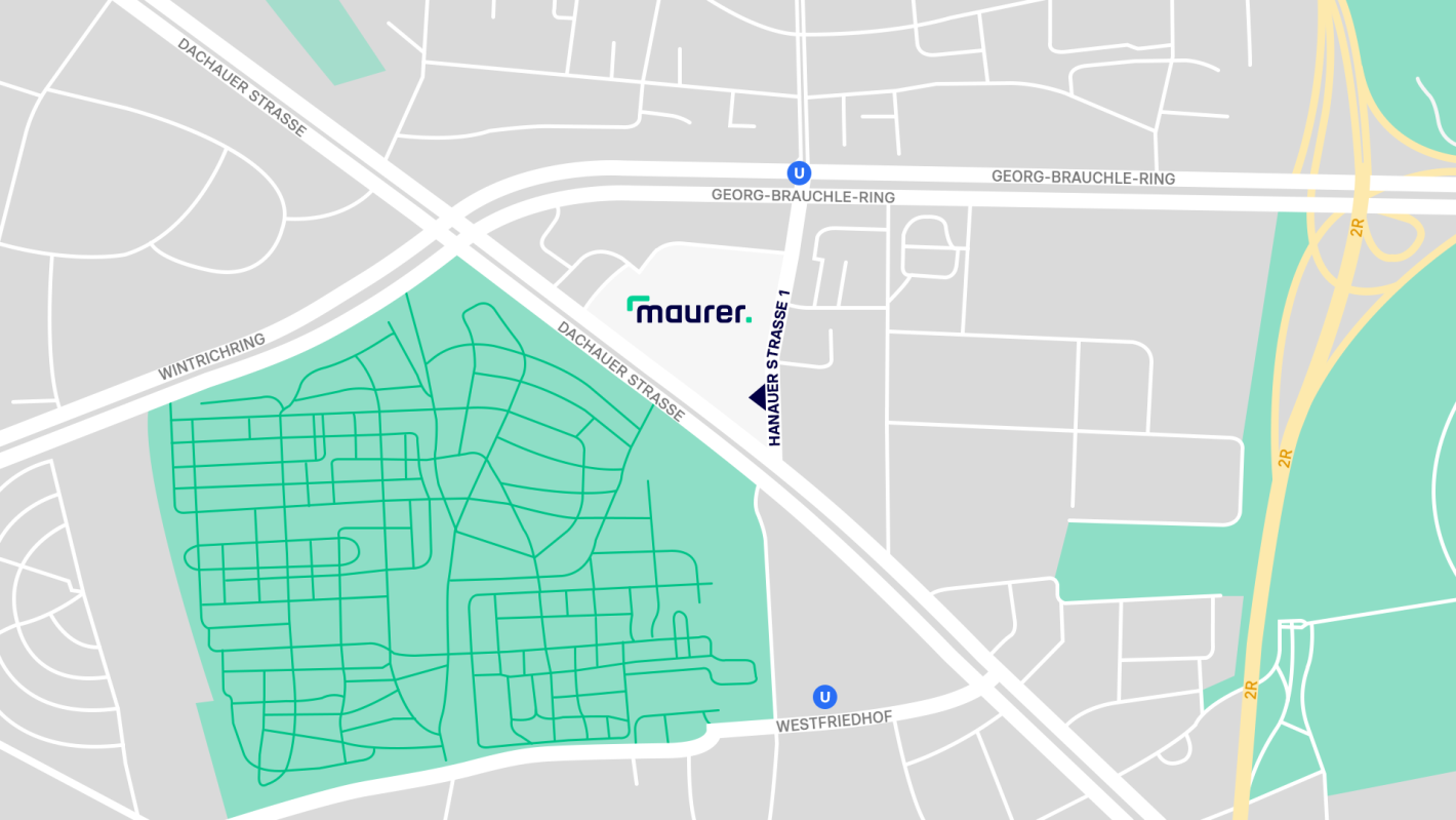 Die Grafik zeigt eine detaillierte Straßenkarte mit Anfahrt zum Maurer Standort München