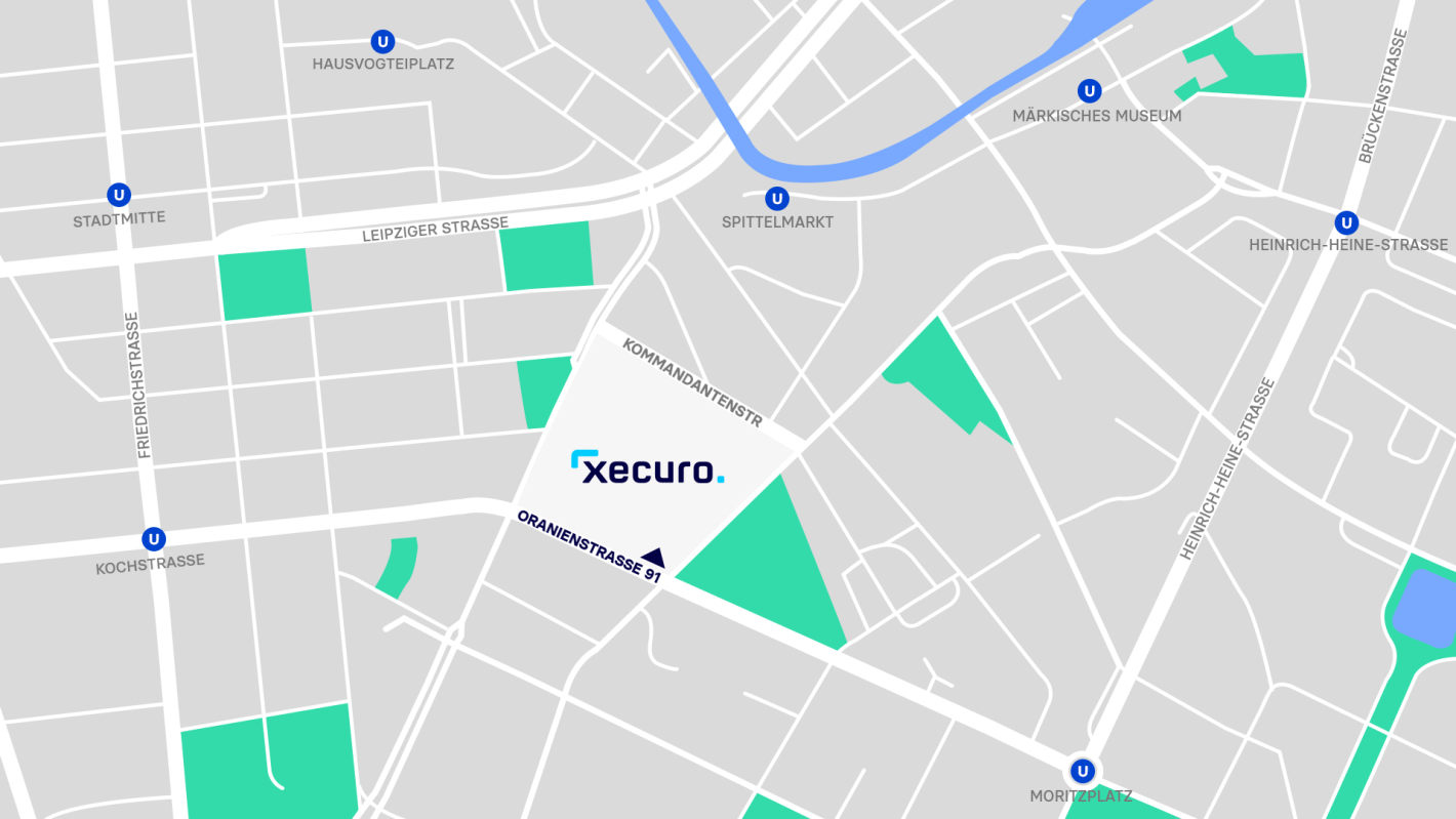 Die Grafik zeigt eine detaillierte Straßenkarte mit Anfahrt zur Xecuro GmbH