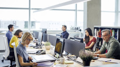 employees work on computers in office