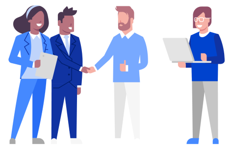 Illustration mit einer Menschengruppe, die zusammen arbeiten
