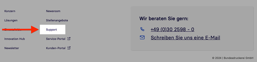 Eine Ansicht des Supportlinks im Footer.