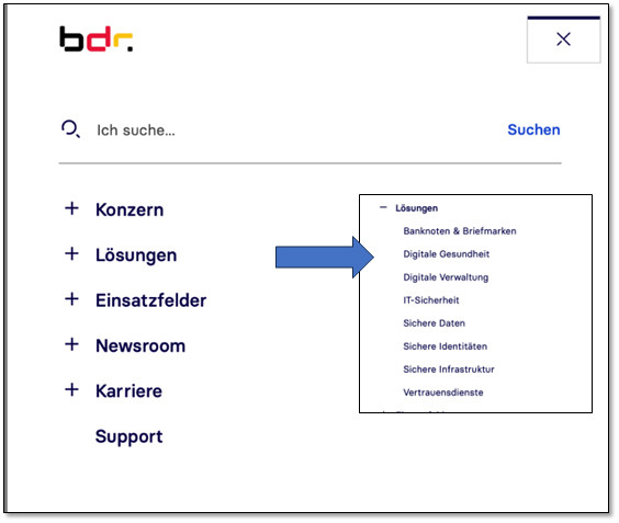 Eine Ansicht des ausgeklappten Hamburger Menüs auf der Website im Headerbereich