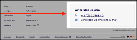 Eine Ansicht vom Supportkontakt im Footer.