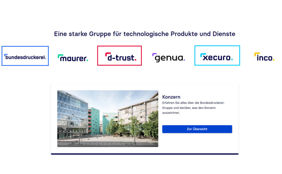 Ansicht eines Screenshots der Website und den Logos der Tochterunternehmen.