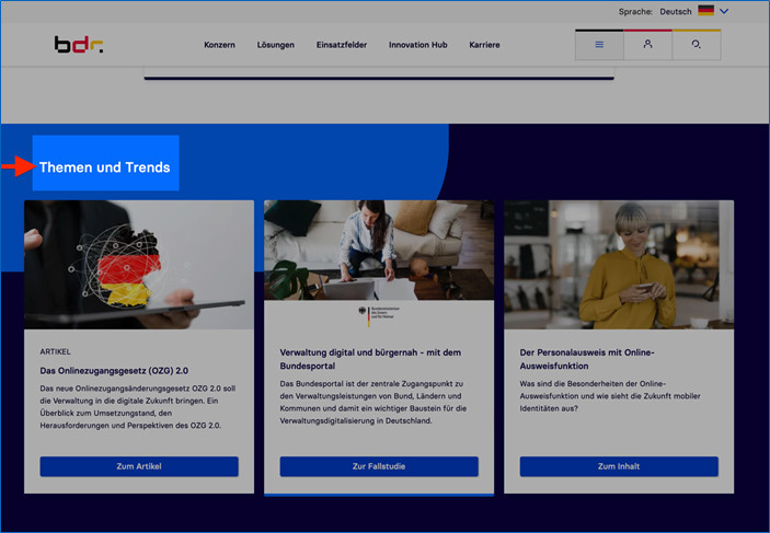 Eine Ansicht der Startseite mit den Themen und Trends